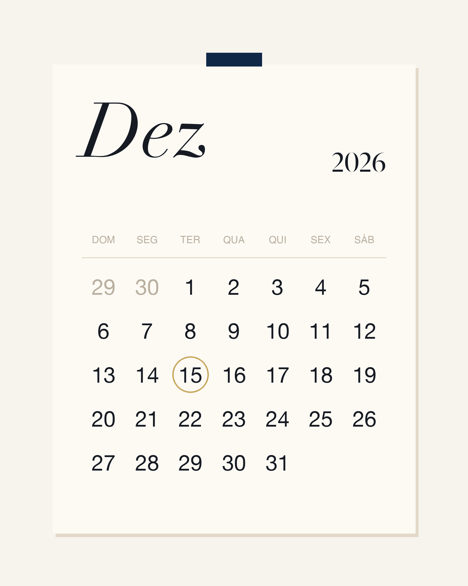 Calendário de dezembro de 2026 com data atual marcada